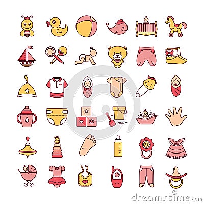 Colorful baby toys and clothes icon set isolated on a white background. Vector Illustration