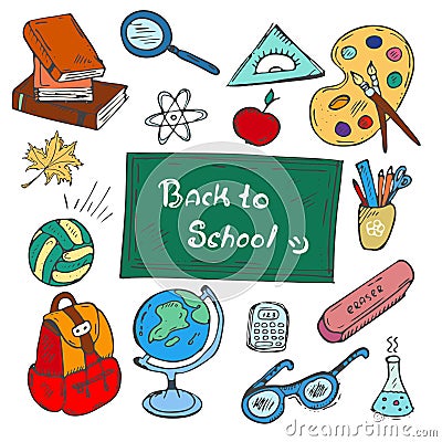 Colorful Back to school hand-drawn doodle set on white background Vector Illustration