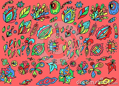 Colorful backdrop. Naive art style. Abstract pattern with floral motifs. Bohemian and hippie style. Vector illustration Vector Illustration