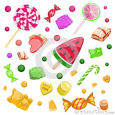 Colorful background with candies, caramel, marmalade, ice cream Vector Illustration