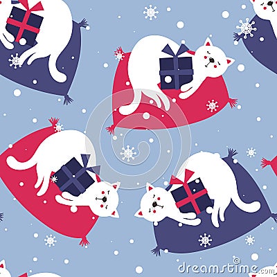 Colorful seamless pattern with cats, gifts, snow. Decorative cute background with animals, presents. Merry christmas Vector Illustration