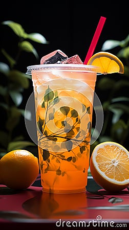 A colorful background complements a zesty lemonade cocktail in a plastic cup Stock Photo