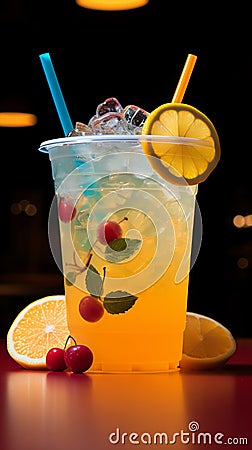 A colorful background complements a zesty lemonade cocktail in a plastic cup Stock Photo