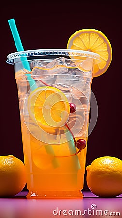 A colorful background complements a zesty lemonade cocktail in a plastic cup Stock Photo