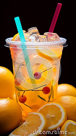A colorful background complements a zesty lemonade cocktail in a plastic cup Stock Photo