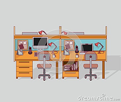 Colorful background double work place office interior with filing cabinet with books Vector Illustration