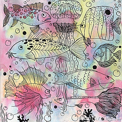 Background with fishes and jellyfish Stock Photo