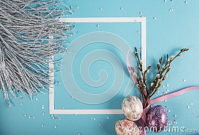 Colorful background with frame, Easter eggs on blue background. Happy Easter concept. Can be used as poster, background, holiday Stock Photo