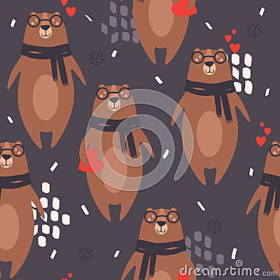 Colorful samless pattern with happy bears, hearts. Decorative cute background with animals Vector Illustration