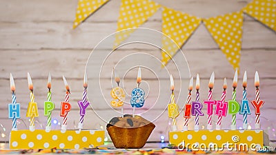 Festive card Happy Birthday with number of burning candles 98 Stock Photo