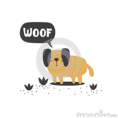 Colorful background with happy dog and english text, poster design. Woof Vector Illustration