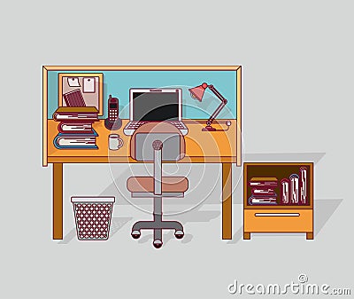 Colorful background home office interior with filing cabinet with books Vector Illustration