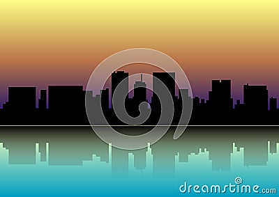 Sunset over the city.Silhouette of the city at sunset. Vector Illustration