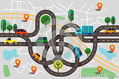 Colorful background with landscape, road and city map. Top view Vector Illustration