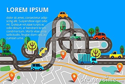 Colorful background with landscape, road and city map. Top view Vector Illustration