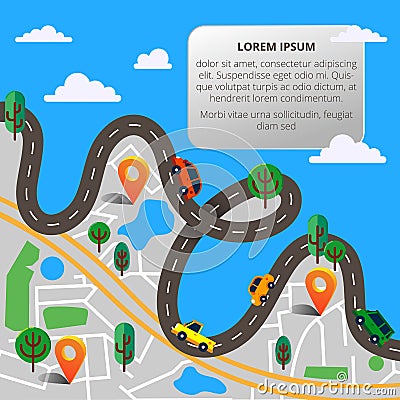 Colorful background with landscape, road and city map. Top view Cartoon Illustration