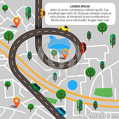 Colorful background with landscape, road and city map. Top view Vector Illustration