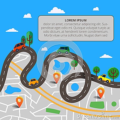 Colorful background with landscape, road and city map. Top view Cartoon Illustration