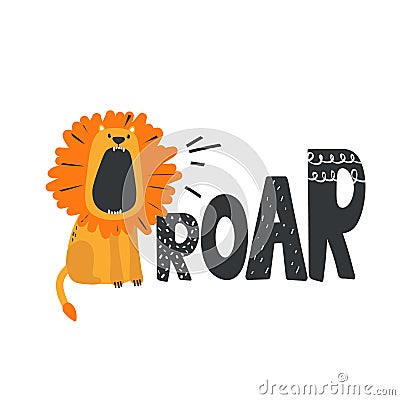 Colorful background with lion, english text. Roar. Decorative cute backdrop with animal Vector Illustration