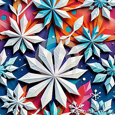 Colorful background with paper texture, colorful and stylized snowflakes, watercolor art style - Seamless texture tiles Stock Photo