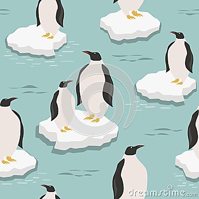 Colorful seamless pattern with penguins on the ice floes. Decorative cute background with sea birds Vector Illustration