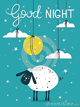 Colorful background with sheep, moon, stars and english text. Good night Vector Illustration