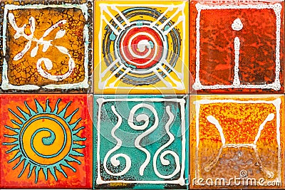 Colorful background with various designs. Italian colored tiles handmade in Vietri, Amafli coast, Italy Stock Photo
