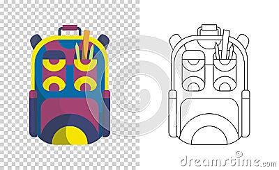 Colorful backpack of pupil. Kids school bag. Extravagant student satchel. Education and study, school backpack icon Vector Illustration