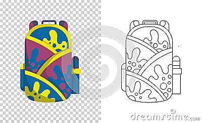 Colorful backpack of pupil. Kids school bag. Extravagant student satchel. Education and study, school backpack icon Vector Illustration