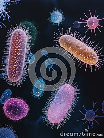 Evolving bacteria showcasing various shapes and colors in a microscopic environment. Generative AI Stock Photo