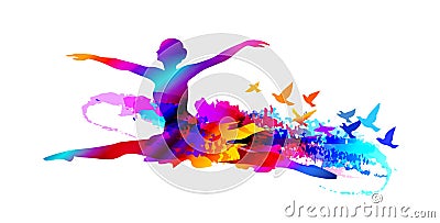Colorful ballet dancer, digital painting with flying birds Vector Illustration