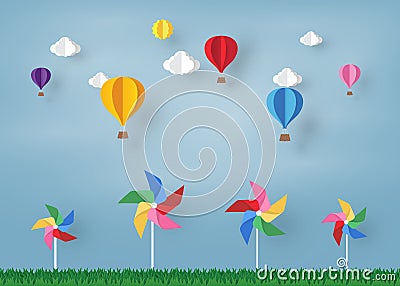 Colorful Ballon and Cloud in the blue sky and pinwheel with paper art design , vector design element and illustration Vector Illustration