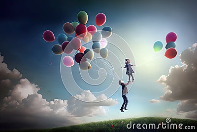 A colorful balloon soars through the sky, its long ribbon fluttering with kids, dreaming fantasy image. Ai generated Stock Photo