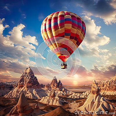 Colorful balloons, Cappadocia take to the sky, offering an aerial adventure over the breathtaking Rocky Mountains Stock Photo