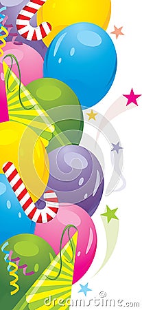 Colorful balloons and festive tinsel. Background Vector Illustration