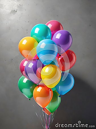 Colorful balloons hanging on grey wall. Party and celebration concept. Stock Photo