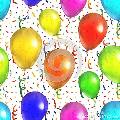 Colorful balloons with serpantin and confetti seamless pattern on white Vector Illustration