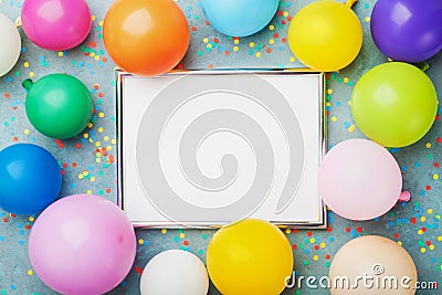 Colorful balloons, silver frame and confetti on blue background top view. Birthday or party mockup for planning. Flat lay style. Stock Photo