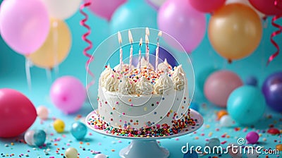 Colorful balloons, streamers, and a birthday cake create a cheerful ambiance Stock Photo