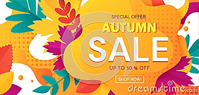 Colorful banner advertising an Autumn Sale with 50 percent discounts and special offers with text on abstract orange Vector Illustration