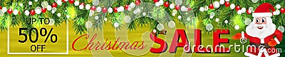 Colorful Banner Christmas Sale with garland of Christmas tree branches and funny Santa Claus. Vector Vector Illustration