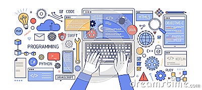 Colorful banner with hands working on computer, different electronic gadgets, devices and symbols. Programming, software Vector Illustration