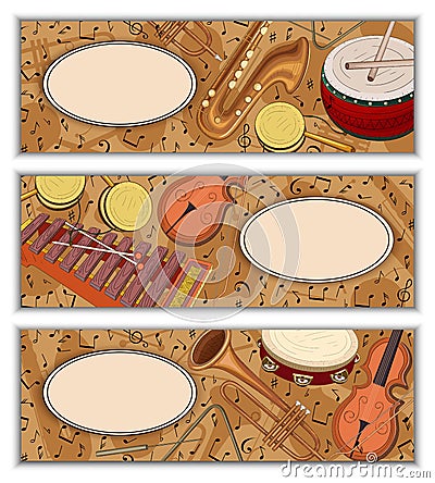 Colorful banners with notes and musical instruments. Vector Illustration