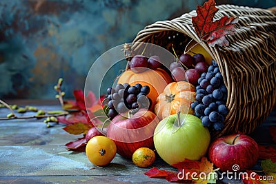 A colorful basket filled with a variety of fresh fruit, including apples, oranges, bananas, and other tasty options, A cornucopia Stock Photo