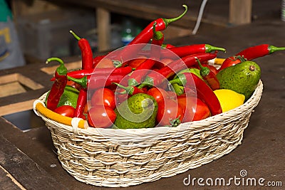 Colorful basket of fresh fruit and vegetables Stock Photo