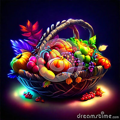 Colorful basket with fruits and vegetables on dark background. Vector illustration. AI generated Cartoon Illustration