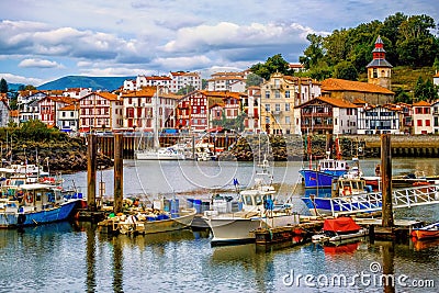 Colorful basque houses in port of Saint-Jean-de-Luz, France Stock Photo
