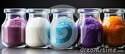 Colorful bath salt in glass bottles on black background, closeup Stock Photo