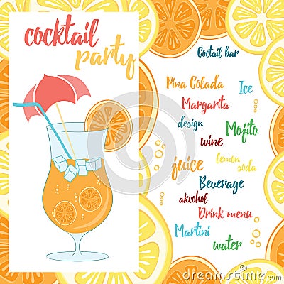 Colorful Beach Bar poster with a cocktail with orange. Summer banner design for cocktail party. Stock Photo