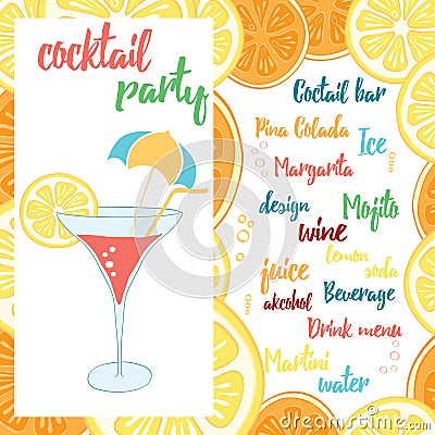 Colorful Beach Bar poster with a cocktail with orange. Summer banner design for cocktail party. Stock Photo